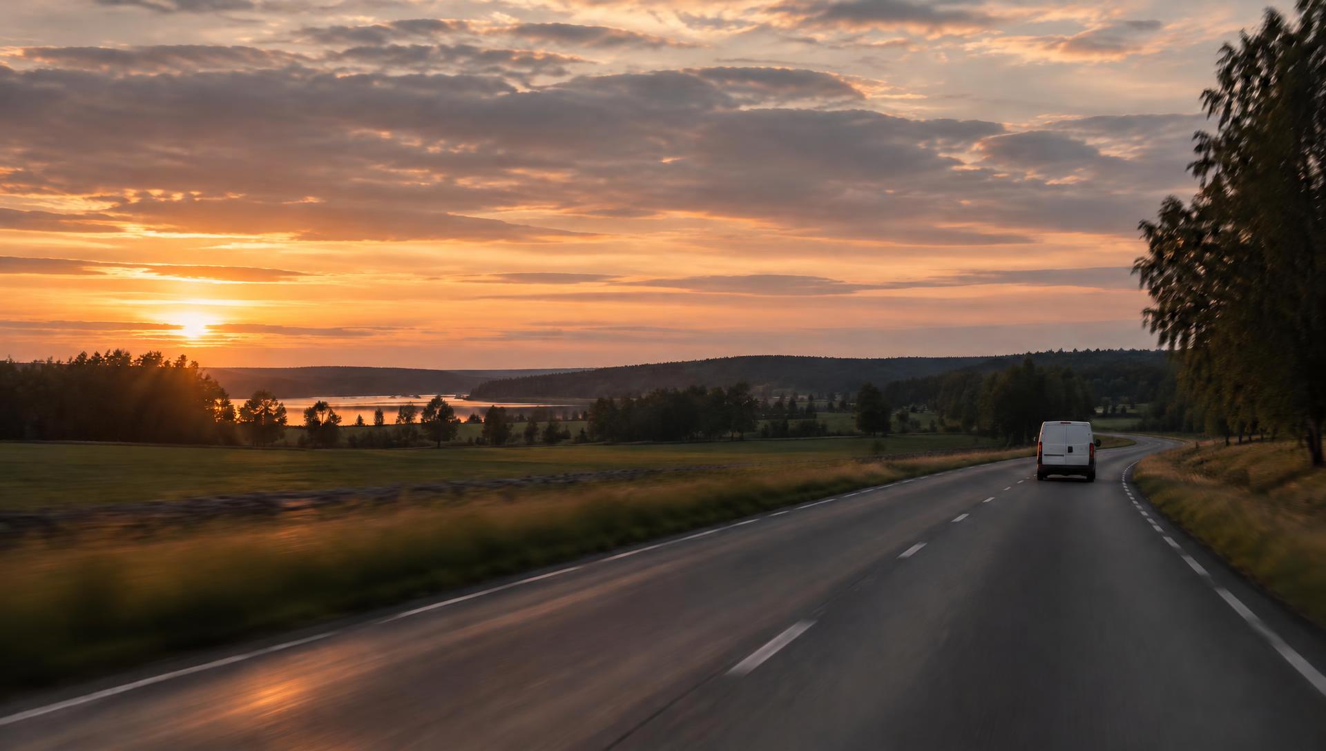 Illustrative image: a service van heading home in the evening light.